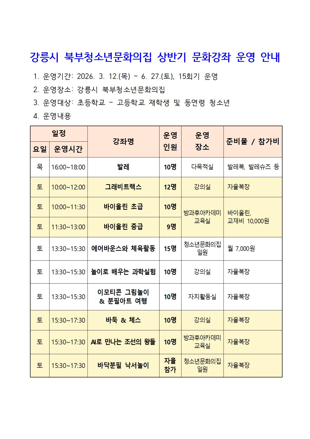 북부청소년문화의집 상반기 문화강좌 운영 안내 이미지 1