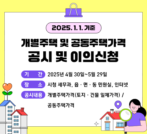 2025. 1. 1. 기준 개별주택 및 공동주택가격 공시 및 이의신청
기간: 2025년 4월 30일~5월 29일
장소: 시청 세무과, 읍·면·동 민원실, 인터넷
공시내용: 개별주택가격(토지·건물 일체가격) / 공동주택가격