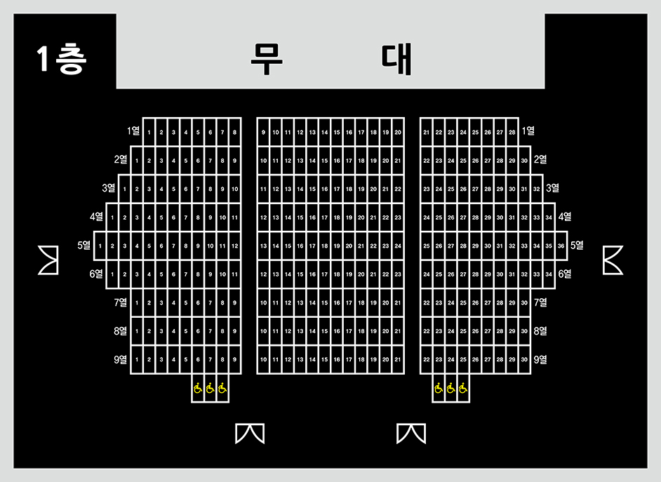 1층 좌석배치도 총296석. 가열 1열 1번에서 8번까지 좌석, 2열 9번에서 17번까지 좌석, 3열 18번에서 27번까지 좌석, 4열 28번에서 38번까지 좌석, 5열 39번에서 50번까지 좌석, 6열 51번에서 61번까지 좌석,7열 62번에서 70번까지 좌석,
			8열 71번에서 79번까지 좌석, 9열 80번에서 88번까지 좌석. 나열  1열 1번에서 12번까지 좌석, 2열 13번에서 24번까지 좌석,3열 25번에서 36번까지 좌석, 4열 37번에서 48번까지 좌석, 5열 49번에서 60번까지 좌석, 6열 61번에서 72번까지 좌석, 7열 73번에서 84번까지 좌석, 8열 85번에서 96번까지 좌석, 9열 97번에서 108번까지 좌석,10열 109번에서 120번까지 좌석. 다열 1행 1번에서 8번까지 좌석,2열 9번에서 17번까지 좌석,3열 18번에서 27번까지 좌석,4열 28번에서 38번까지 좌석,5열 39번에서 50번까지 좌석,6열 51번에서 61번까지 좌석,7열 62번에서 70번까지 좌석,8열 71번에서 79번까지 좌석,9열 80번에서 88번까지 좌석.