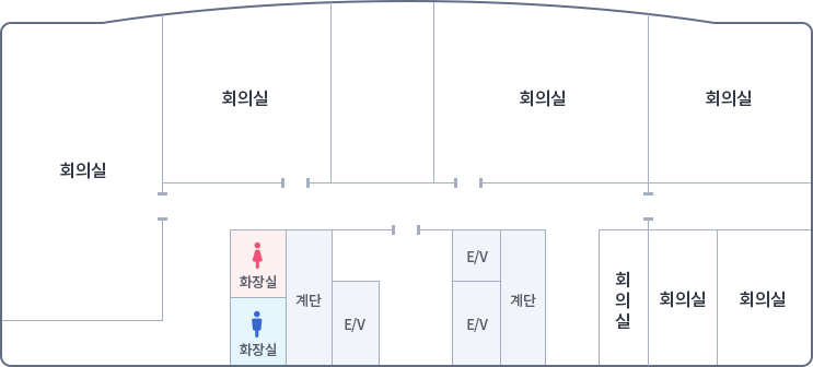 가운데 입구를 중심으로 왼쪽에 엘리베이터 계단 여자화장실, 남자화장실이 있고, 오른쪽으로 엘리베이터 2개 계단, 입구로 나가서 왼쪽부터 시계방향으로 회의실, 회의실, 회의실, 회의실, 회의실, 회의실, 회의실