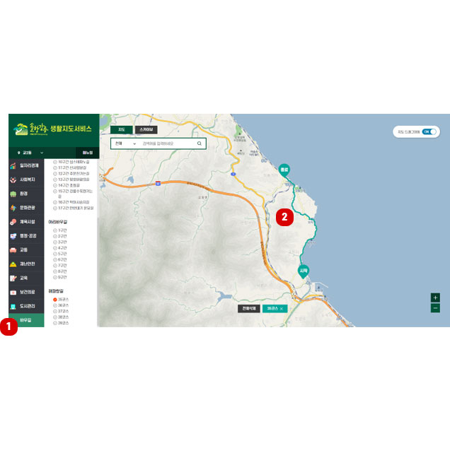 사용자 메뉴얼 설명이미지3 - 바우길 : 1.바우길·아리바우길·해파랑길로 구성. 2.항목 클릭 시 코스가 지도에 나타남.